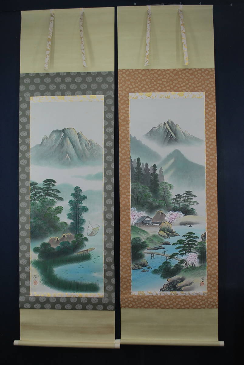 [Authentique] Kawachi Keisen/Printemps, Été, Paysages d'automne et d'hiver/Paire de quatre/Parchemin suspendu☆Bateau au trésor☆V-471 JM, Peinture, Peinture japonaise, Paysage, Vent et lune