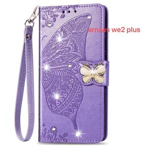 Arrows we2 plus ケース 手帳型 おしゃれ バタフライビジュー ストラップ付 紫