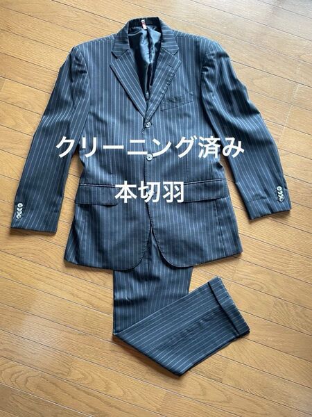 ドーメル スーツ 黒 ストライプ 本切羽