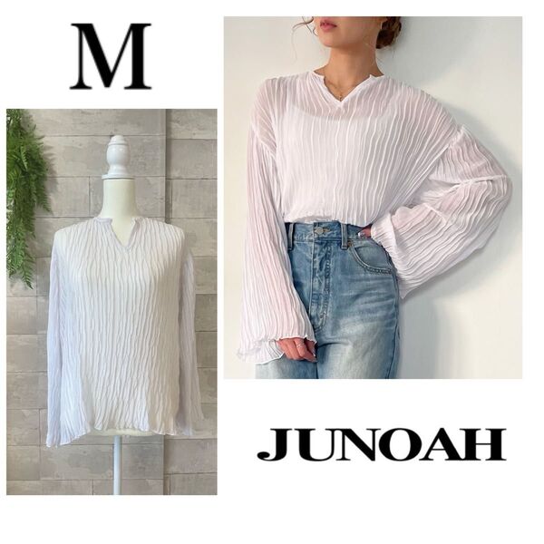 JUNOAH ジュノア プリーツシアー楊柳Vネックブラウス M 白ホワイト 春夏