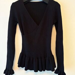 ○Vネックトップス リブカットソー ペプラムトップス