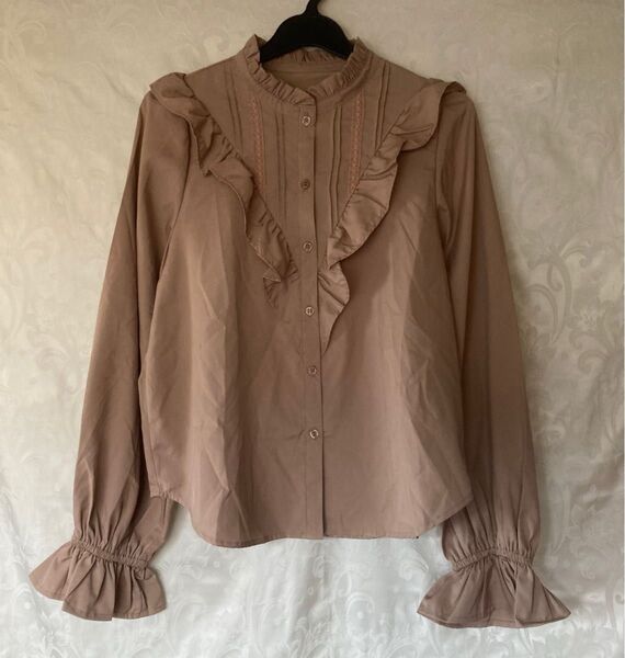 【美品 イング】フリルカラー ピンタック レース ブラウス シャツ キャンディスリーブ M ピンクベージュ ポリエステル 長袖