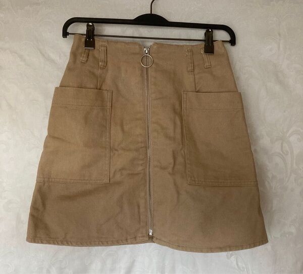 【訳あり ヘザー】フロントジップ パンスカ デニム ミニスカート M S ベージュ ツイル インナーパンツ 綿100