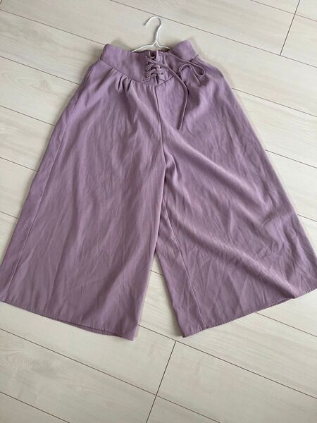 レースアップ ワイドパンツ・ガウチョパンツ ピンクラベンダー スタイルよく見える! ウエストゴム