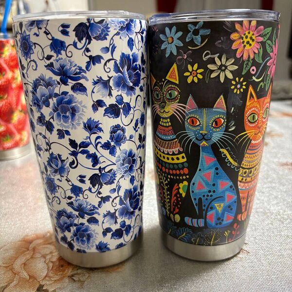 保冷 二層ステンレスタンブラー 20oz 600ml 猫 花 2個セット ドライブ アウトドア たっぷり大容量