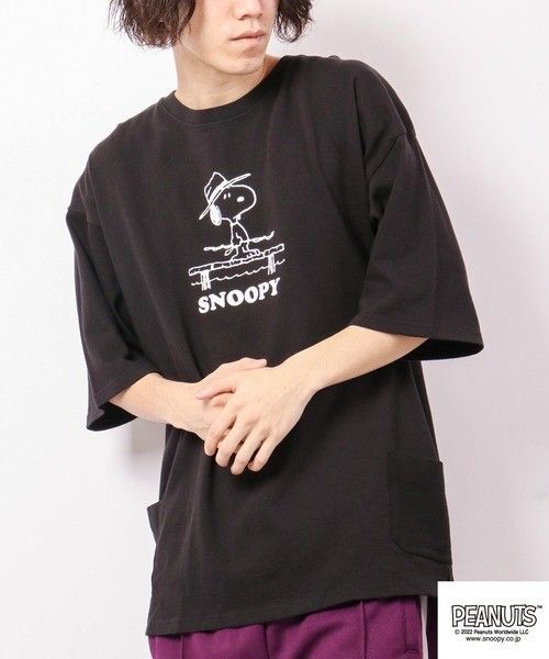 スヌーピー ドロップショルダー Tシャツ 半袖 メンズL ブラック