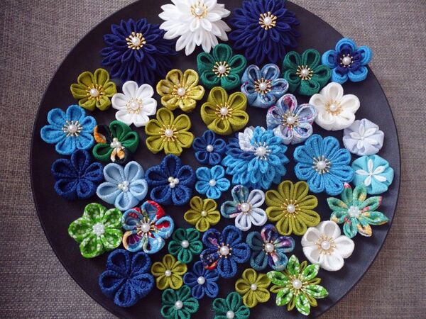 つまみ細工 パーツ 詰め合わせ 青 緑 白 現品限り ハンドメイド