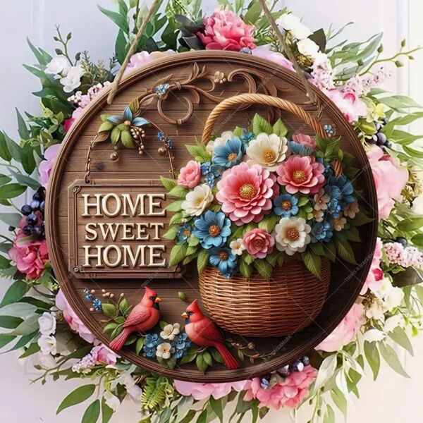 【新品】花 バスケット 鳥 木製 ウェルカムボード ドアプレート HOME SWEET HOME