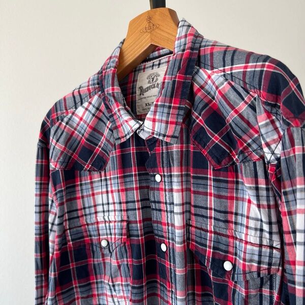 USA古着 ROEBUCK ビンテージ ウエスタンシャツ チェック レッド系 2ポケット スナップボタン メンズ 長袖 XL