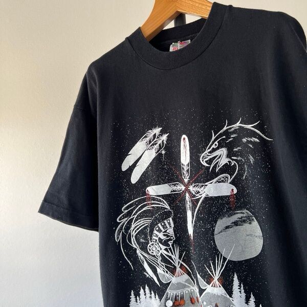 90s USA古着 ネイティブアメリカン ビンテージTシャツ エスニック メンズ 半袖 ブラック【シングルステッチ】
