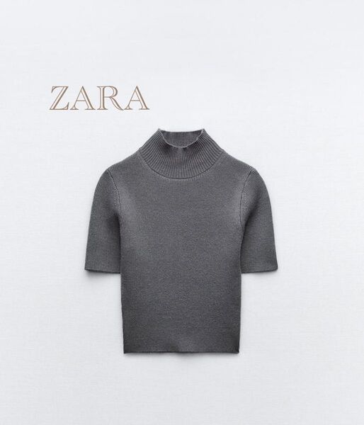【新品タグ付】 ZARA ザラ リブニットトップス タートル グレー ミニ丈 セーター タートルネック 半袖 S レディース