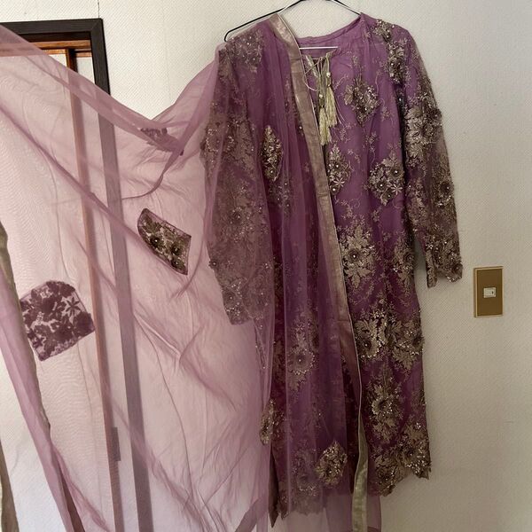 紫の刺繍入りドレス fancy suit 3pc kameez set パキスインド パンジャブ クルタ セット