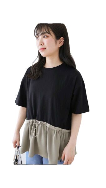グリーンパークス ドロスト切り替えドッキングカットプルオーバー 半袖カットソー