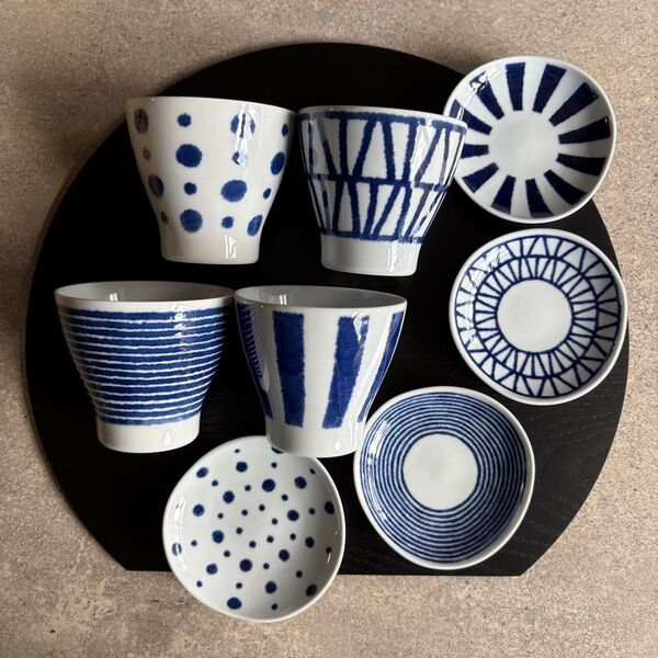 波佐見焼 カップ 変形小皿 8点セット indigo aidama 小鉢 湯呑み 茶碗蒸し サラダカップ 水玉 駒筋 十草 格子