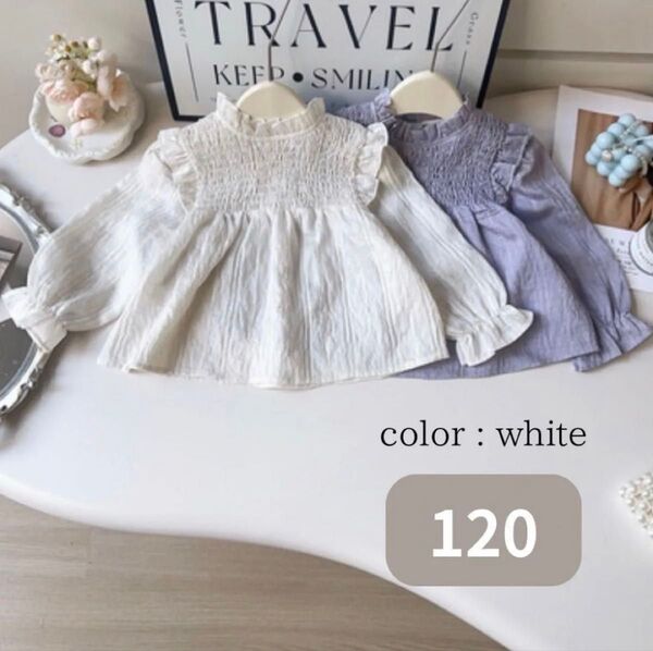 フリルデザインブラウス キッズ 120 トップス 女の子 春 ギャザー ブラウス シンプル 子供
