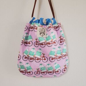 自転車カバさん柄の丸底巾着ポーチ ハンドメイド 手作り 新品