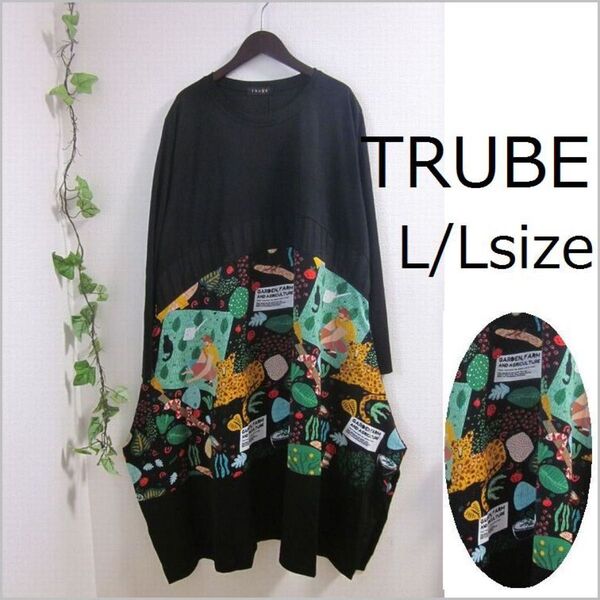 新品 L/L TRUBE 可愛いプリント切り替えコクーンワンピース 黒&グリーン チュニックワンピース