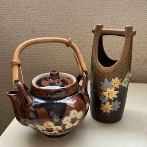 和風急須 陶器 竹製持ち手 ブラウン (一輪挿しおまけ付き)