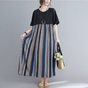 ネイティブ エスニック 民族柄 ストライプ ロングワンピース ゆったり ナチュラル ワンピース 綿麻