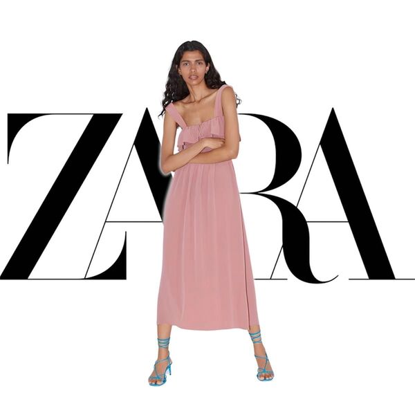 【ZARA】細見え シャーリング フロントリボン フレアワンピース サマーワンピース キャミワンピース ロング丈 ドレス Sサイズ