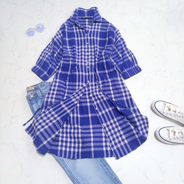 ZARA チェック柄 シャツワンピース ブルー ロングシャツ シャーリング
