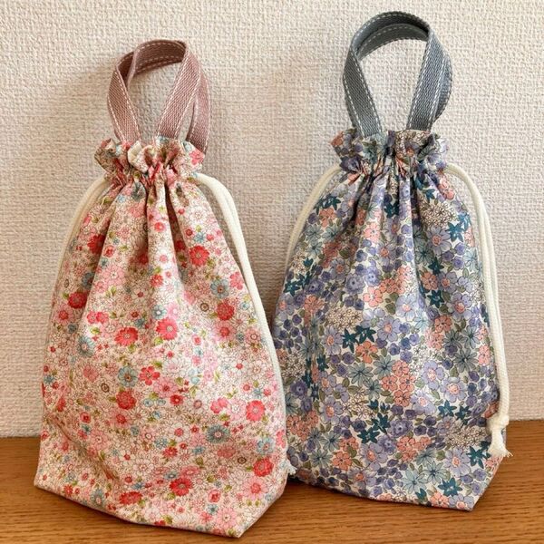 *ハンドメイド*給食袋2点セット 持ち手あり 入園入学準備 コップ袋 巾着袋 花柄