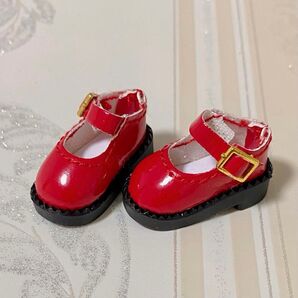 オビツ11 ストラップ シューズ 赤 ネオ ミディ ブライス バービー チェルシー リカちゃん人形 セリア ドール 1/12 革靴