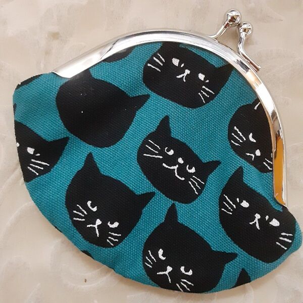 がま口 ポーチ小物入れ 黒猫ターコイズ ハンドメイド