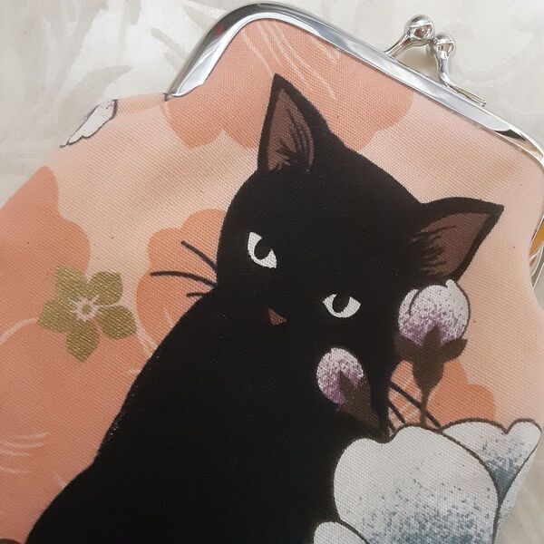 がま口 ポーチ小物入れ黒猫 牡丹 花柄サーモンピンクハンドメイド