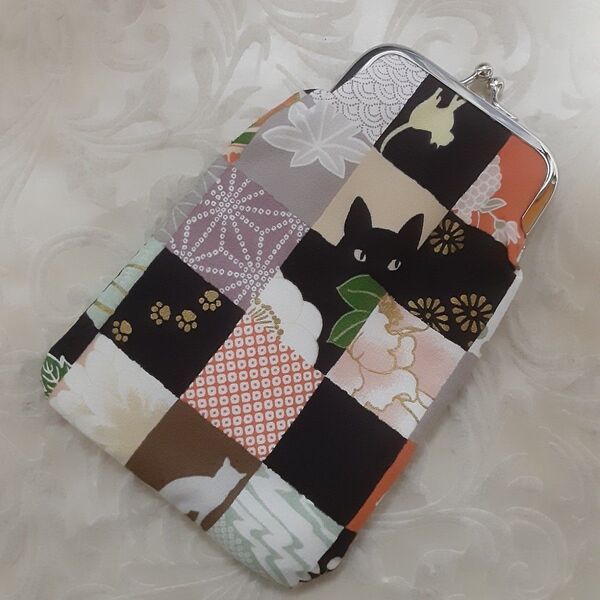 がま口 ポーチ 小物入れ猫ちゃん和柄 ハンドメイド