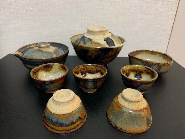 唐津風 煎茶道具 在銘 作家物 陶印 実 茶碗 煎茶器 湯呑 湯冷め 蓋物