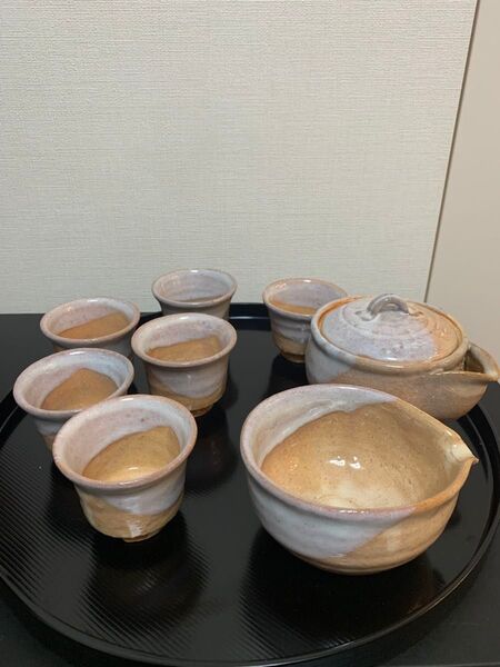 萩焼 煎茶道具 急須宝瓶 湯冷 湯呑茶碗 茶器セット 丸盆付き