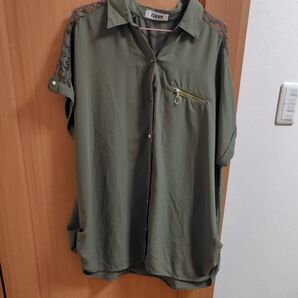 半袖シャツ カーキグリーン レース