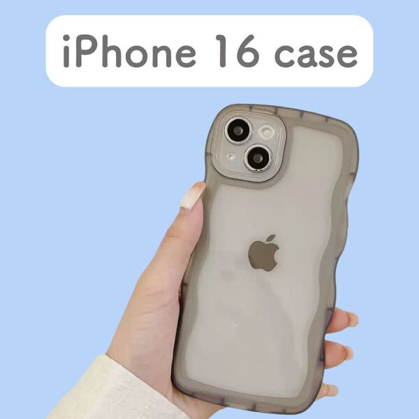 iPhone 16 ケース 半透明 カメラレンズ保護 なみなみ ウェーブ ブラック