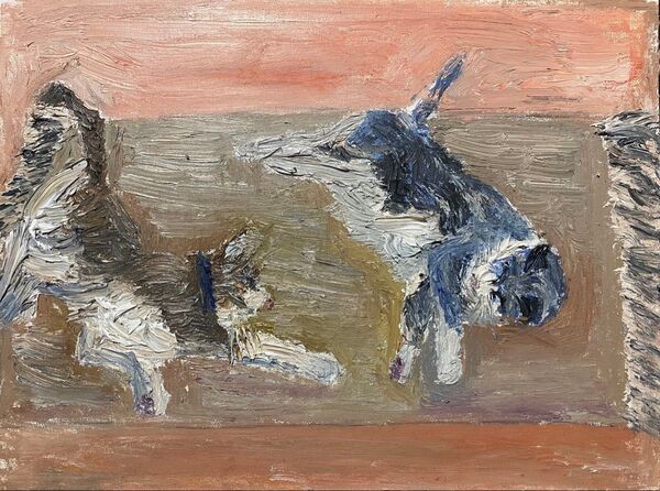 自作絵画 じゃれ合う猫達 油彩画 油絵