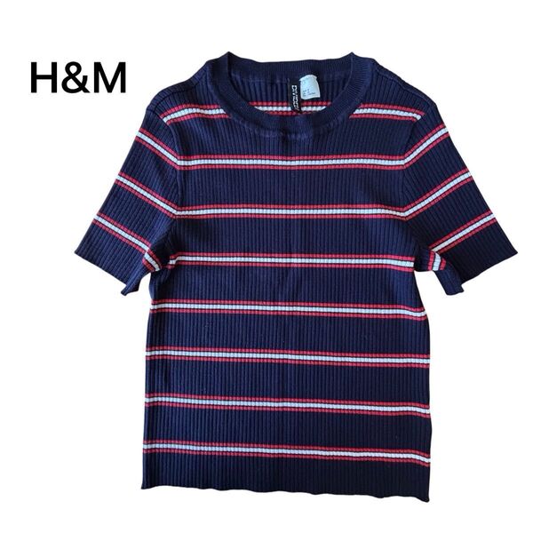 H&M 半袖 ボーダー柄トップス ネイビー×レッド×ホワイト Mサイズ