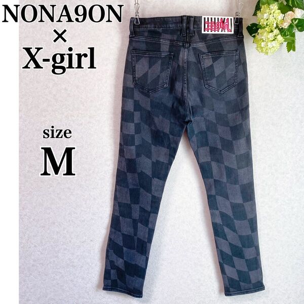 NONA9ON×X-girlノナゴン エックスガールコラボ デニム ジーンズ チェッカー チェック柄 ブラックピンク LISA M