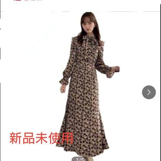 GRLグレイル新品未使用花柄リーフ柄 長袖 ロング ワンピース ケープカラーM