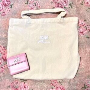Courrges クレージュ 廃盤 タオルトート ベージュ + 折り財布 ピンク