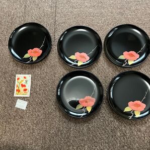 漆器 菓子皿 5枚セット 椿 黒