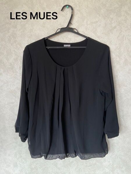 LESMUES レディース トップス カットソー シフォン ブラウス ブラック 七分袖 sizeL 黒