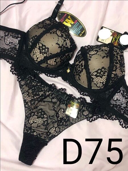 明日26日夕方出品終了 D75 ヌーディーレース育乳脇高ブラジャー&バック透けTバック Tバック 刺繍 豪華 レース