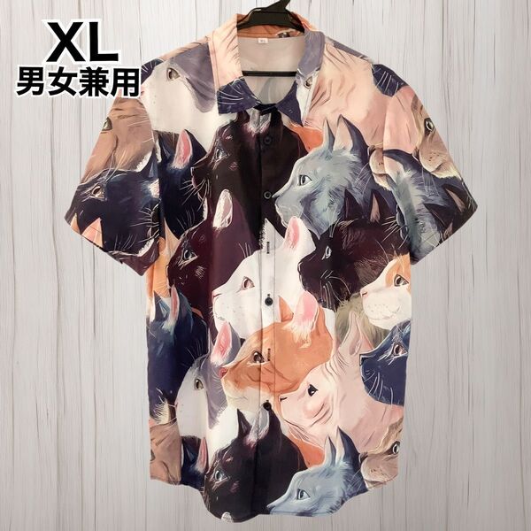 【新品】半袖シャツ XL アロハシャツ 猫柄 横顔 ハワイアン 柄シャツ レトロ 猫 アメカジ