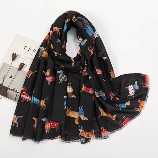 【新品】犬柄 ストール ブラック ショール スカーフ 大判 薄手 冷房対策 ひざ掛け ダックスフンド 犬 ガーゼ調