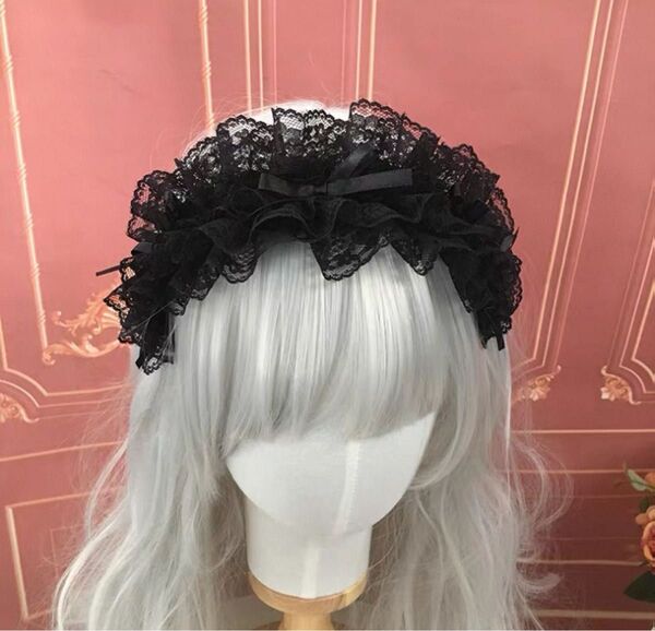 ブラック 黒 レース リボン ヘッドドレス ロリータ 可愛い コスプレ ゴスロリ