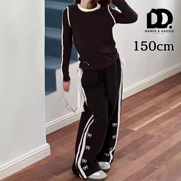 りぼん柄パンツ 150cm キッズ ダンス かわいい リボン柄 サイドライン HIPHOP JAZZ 韓国 KPOP ジャージ
