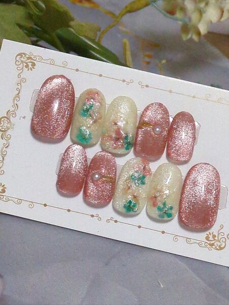 ニュアンス、花、アプリコットピンク、マグネット、春ネイルチップ
