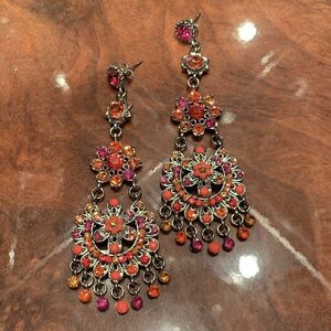 Art hand Auction [Handmade] Orange flower large rhinestone brass CR-E2②, handmade, Accessories (for women), earrings, earrings