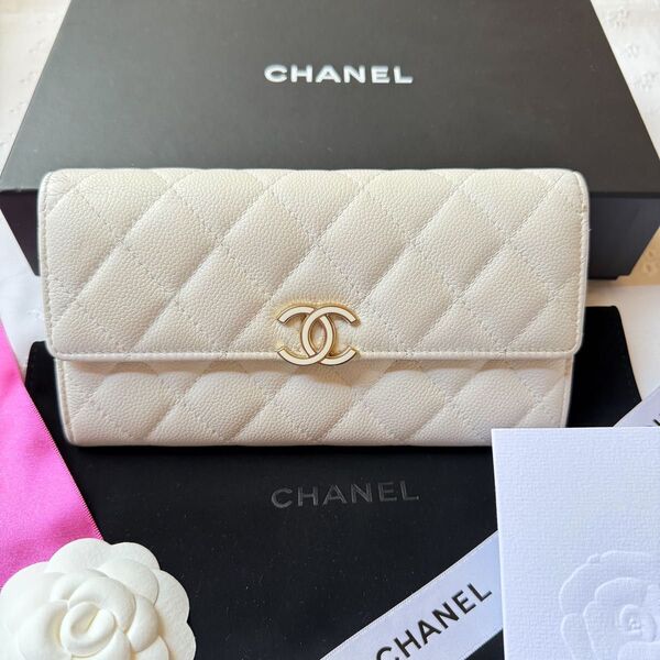 美品★CHANEL シャネル 長財布 クラシック フラップウォレット マトラッセ キャビアスキン