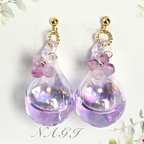 No.246 しずくガラスドームシャボン玉 ピアス/イヤリング